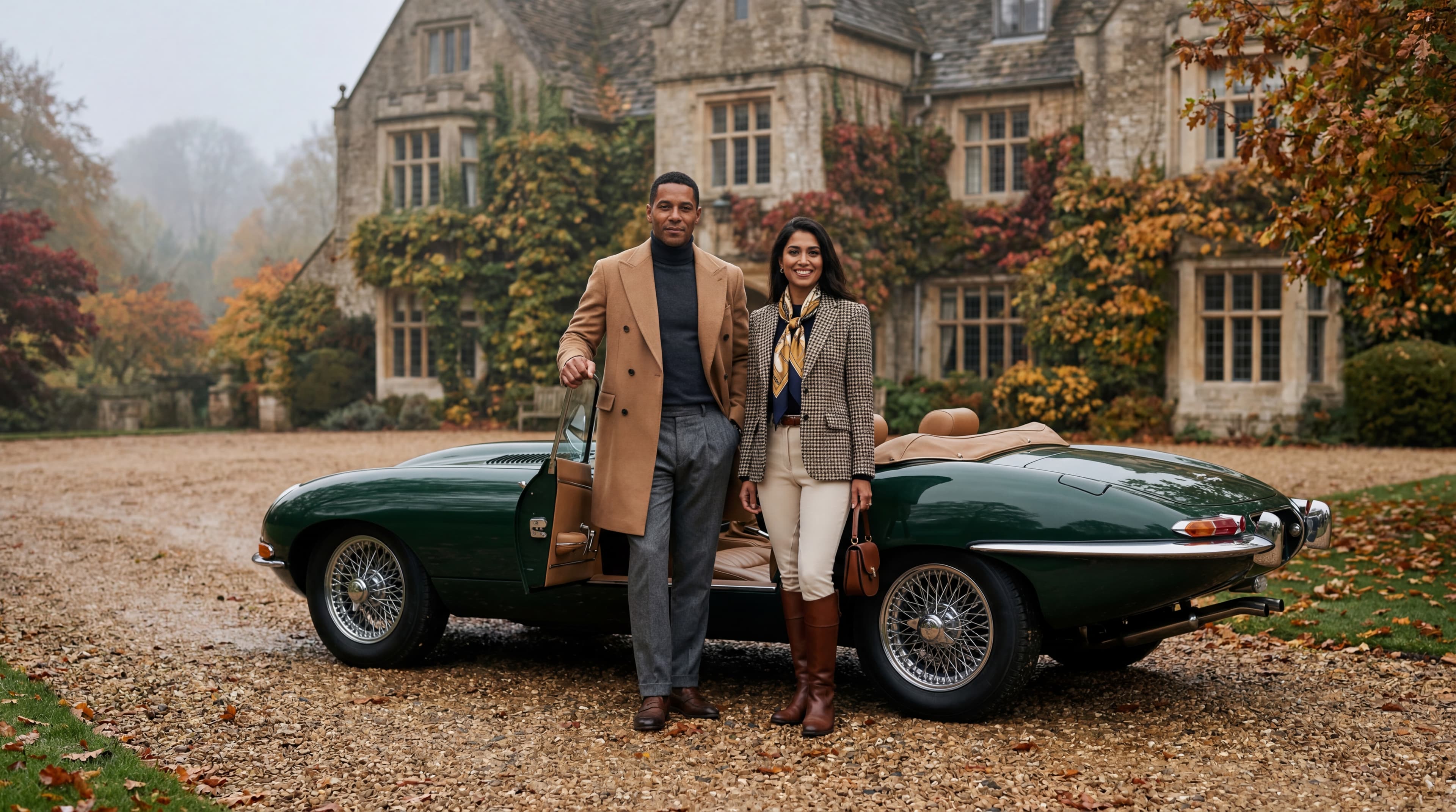 AI-generated luxury lifestyle image: a couple in tailored autumn outfits beside a vintage green convertible