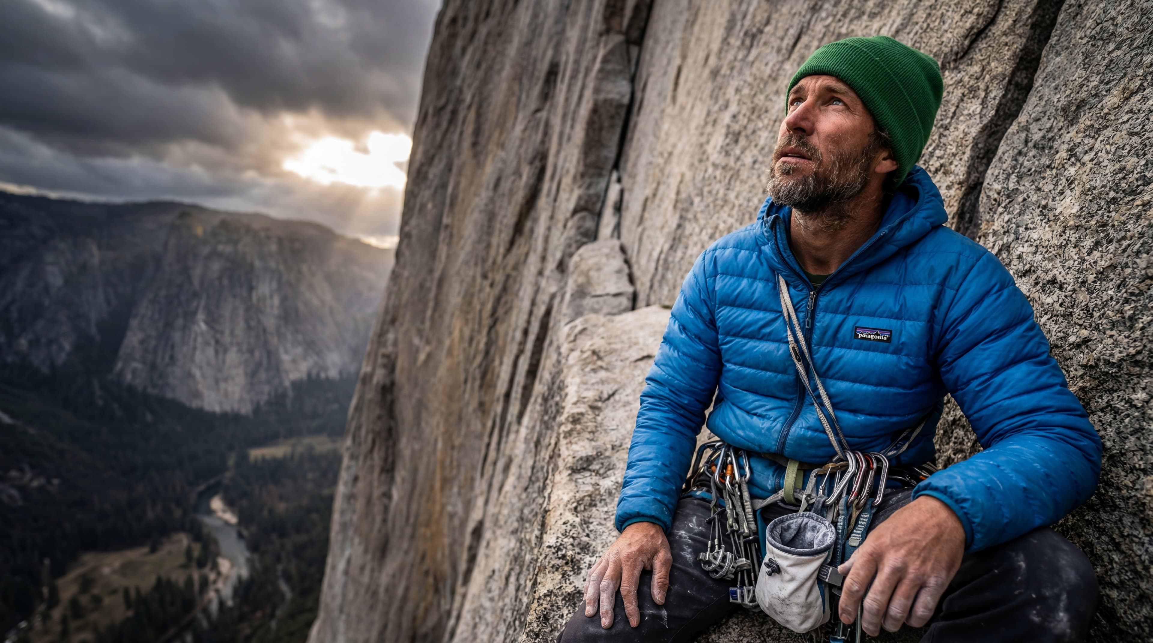 AI-generated outdoor image: a climber in a down jacket resting on a granite wall above a valley