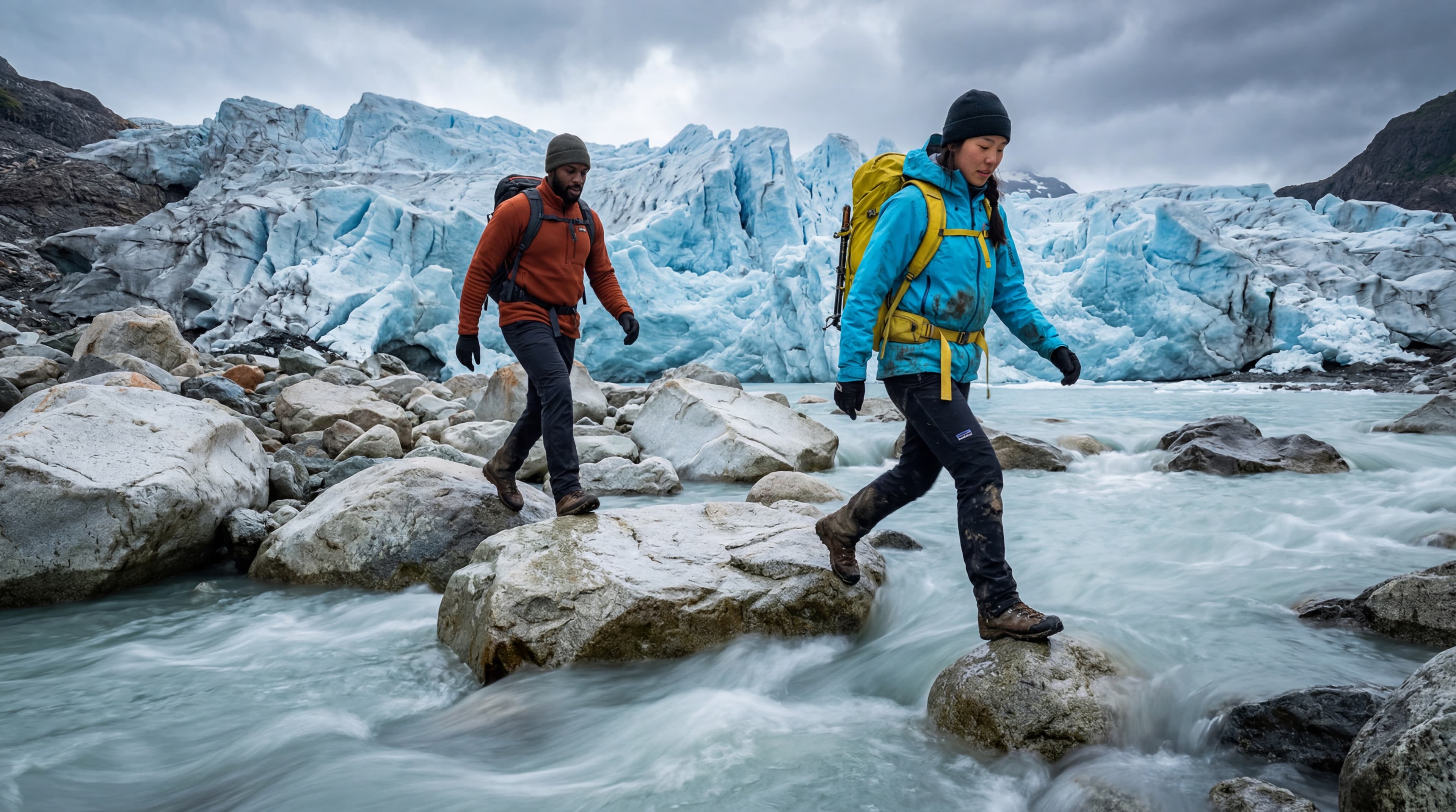 AI-generated outdoor image: two hikers on an icy mountain trail