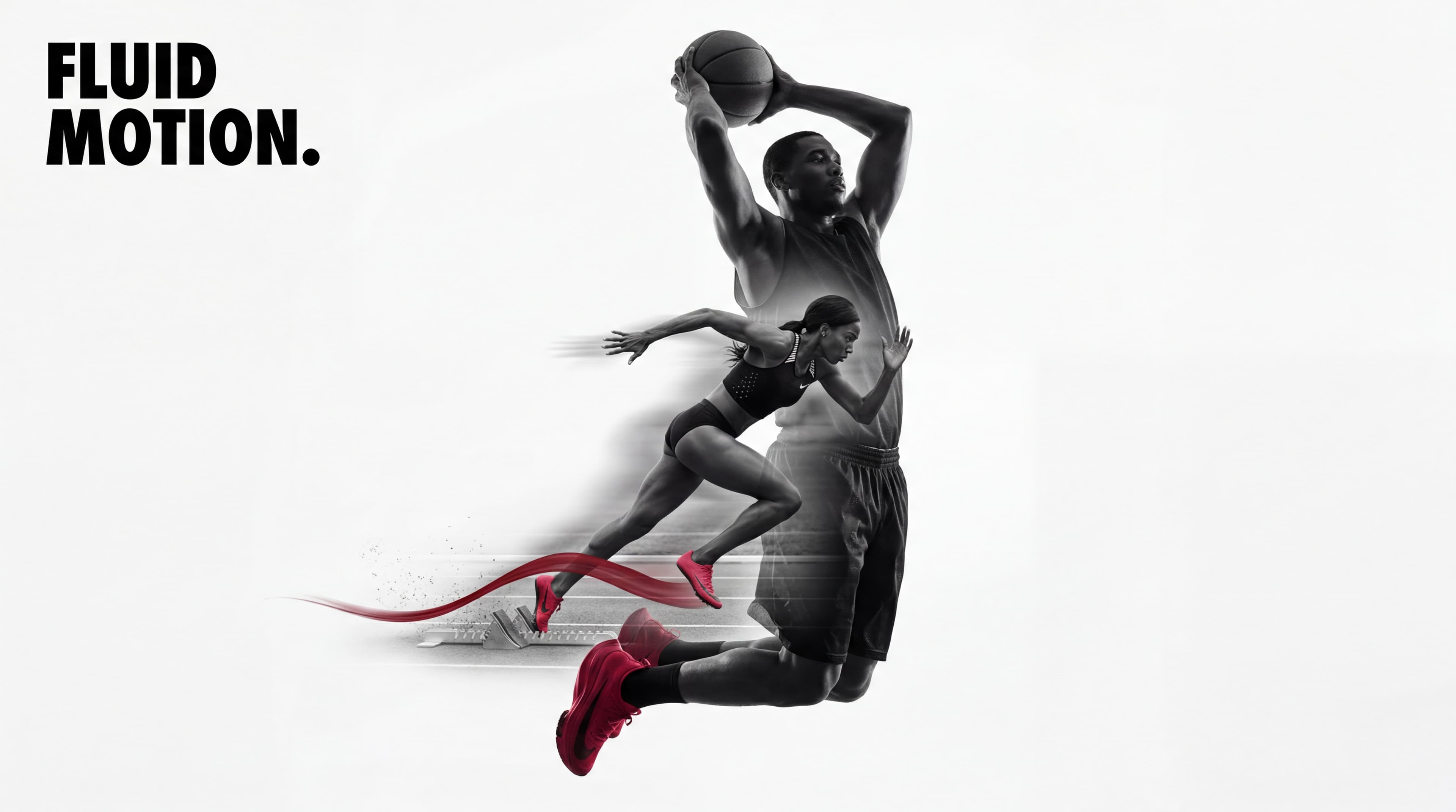 AI-generated sports image: a basketball player and a sprinter in monochrome with red shoes and a red motion trail